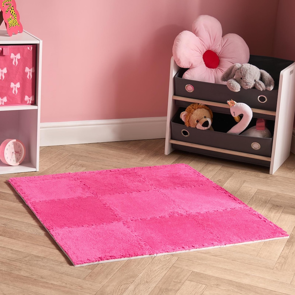 image 1 of OHS 9 x Teddy Fleece Interlocking Foam Floor Tiles Yoga Kids Mat Carpet | Pink | Hot Pink