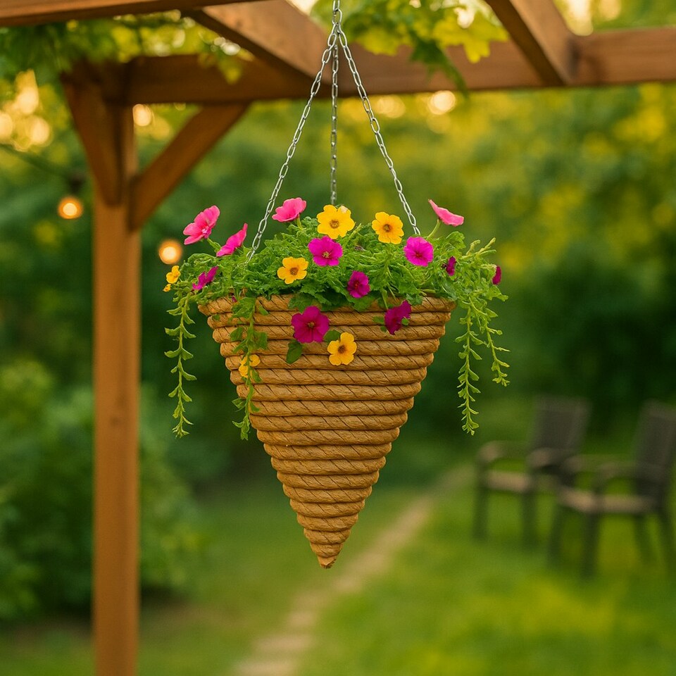 image 1 of Green Blade Rope Cone Hanging Basket - 30cm - Planter Flower Pot Plant Pot Hanger | Brown | Brown