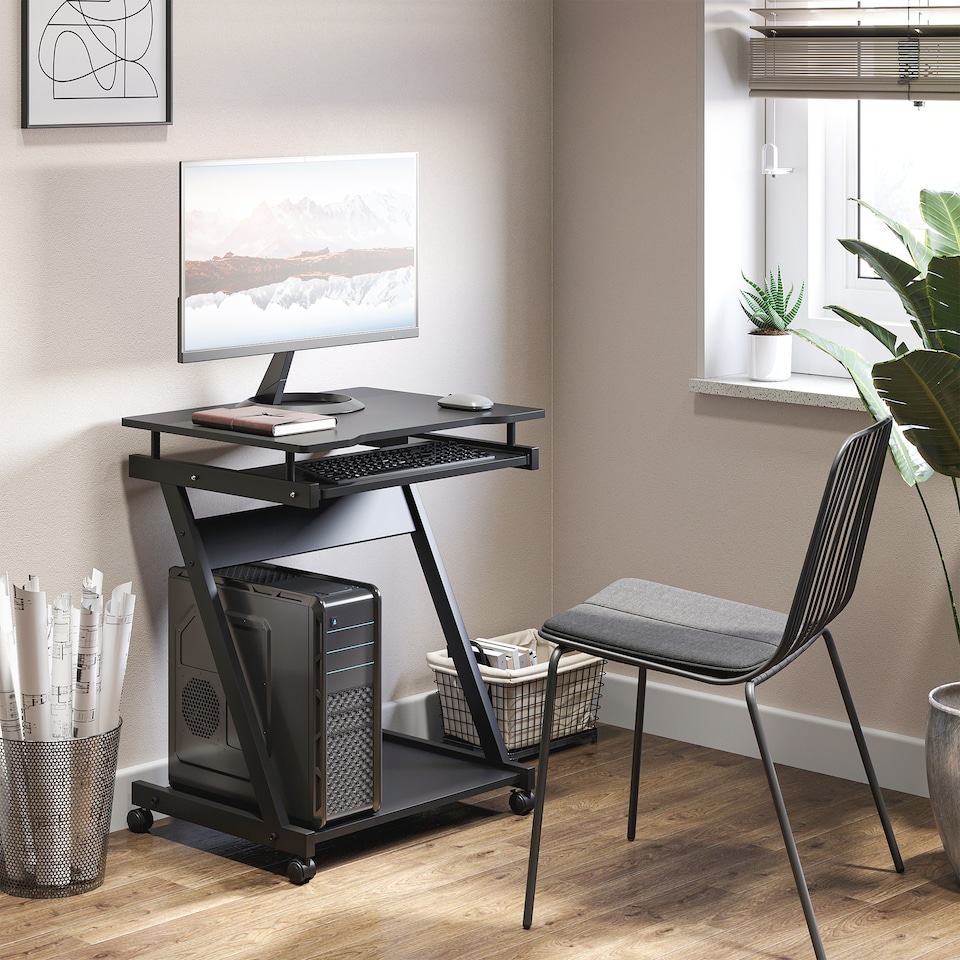 image 1 of HOMCOM Movable Computer Desk with 4 Moving Wheels Sliding Keyboard Tray Home Office Workstation Black