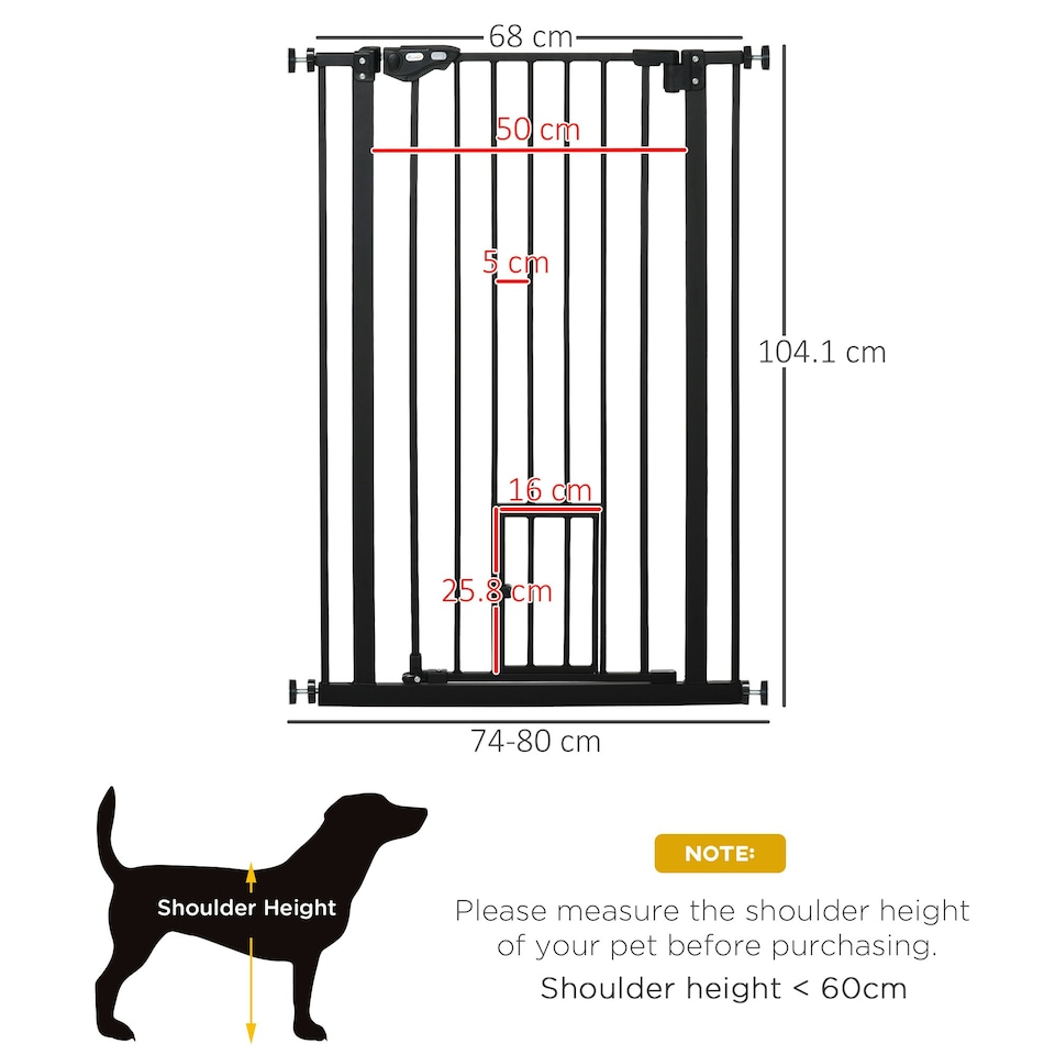 image 1 of PawHut Extra Tall Dog Gate with Cat Door Auto Close for Stairs 74-80 cm Wide