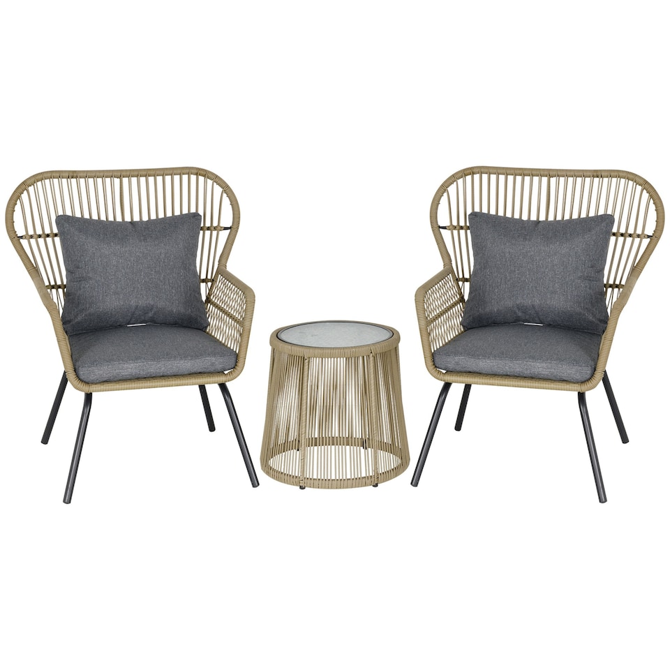 image 1 of Outsunny 3 PCS Webbed PE Rattan Outdoor Patio Set with Cushions Frame Brown