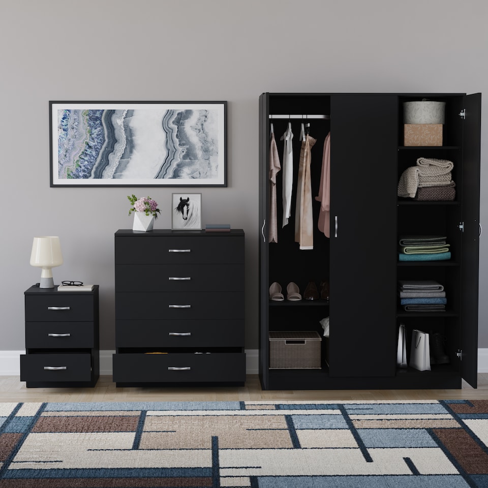 image 1 of Vida Designs Riano 3 Piece Bedroom Set (3 Drawer Bedside Chest, 5 Drawer Chest, 3 Door Wardrobe), Black (5)