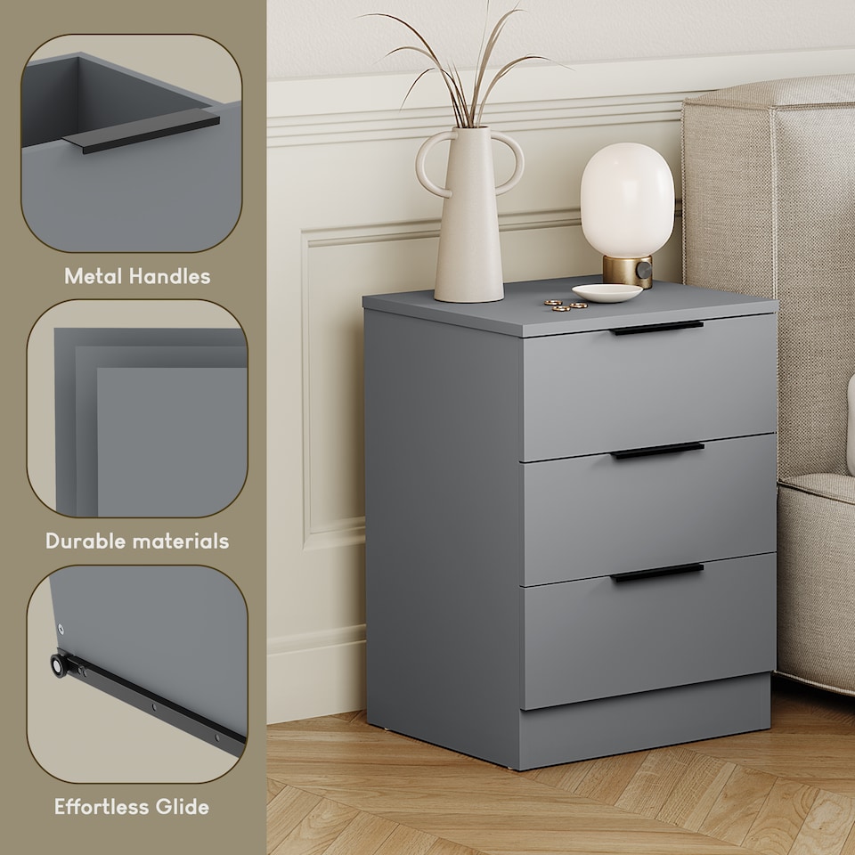 image 1 of Vida Designs Trega 3 Drawer Bedside Chest Bedroom Storage Unit, (H) 50cm x (W) 39cm x (D) 28cm, Grey, Set of 2