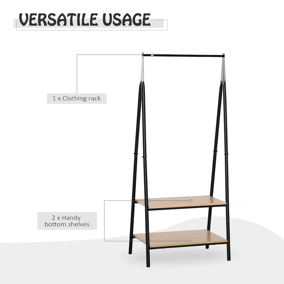 image 1 of HOMCOM Clothes Rail, Freestanding Metal Clothes Rack with 2 Tier Storage Shelves for Bedroom and Entryway, 64 x 42.5 x 149 cm, Black Frame