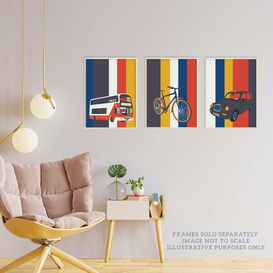 image 1 of Set of 3 Edinburgh Transport Bicycle Bus Taxi Car Black Cab Retro Wall Art Print A4