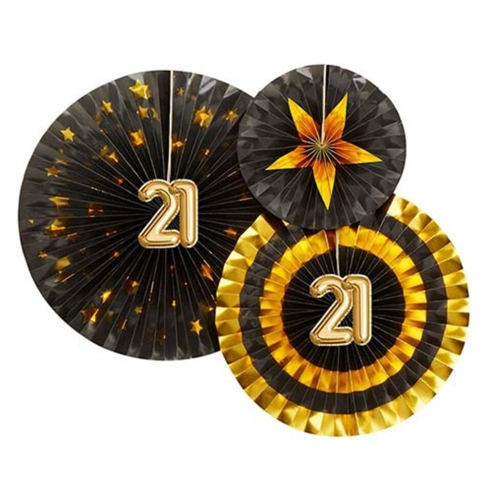 Age 21 Black & Gold Pinwheel Fan Hanging Decorations - Pack of 3