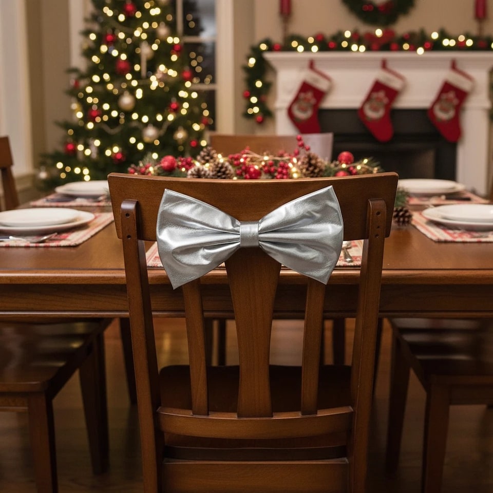 image 1 of 50cm Large Metallic Christmas Chair Bows Sashes Party Dining Decor Wedding | Silver | Silver | Set of 4