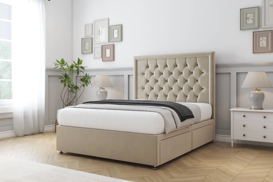 image 1 of Sloomy Montana Almond Coniston Divan Bed Base No Drawers With 26 Inch Strutted Headboard | Cream | Almond | King | 1