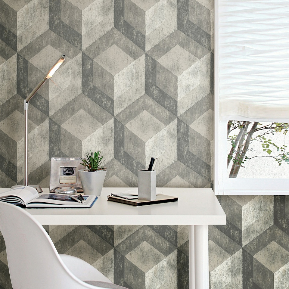 image 1 of NuWallpaper NU2085 Bauhaus Weathered Wood Peel & Stick Wallpaper, Grey Multi
