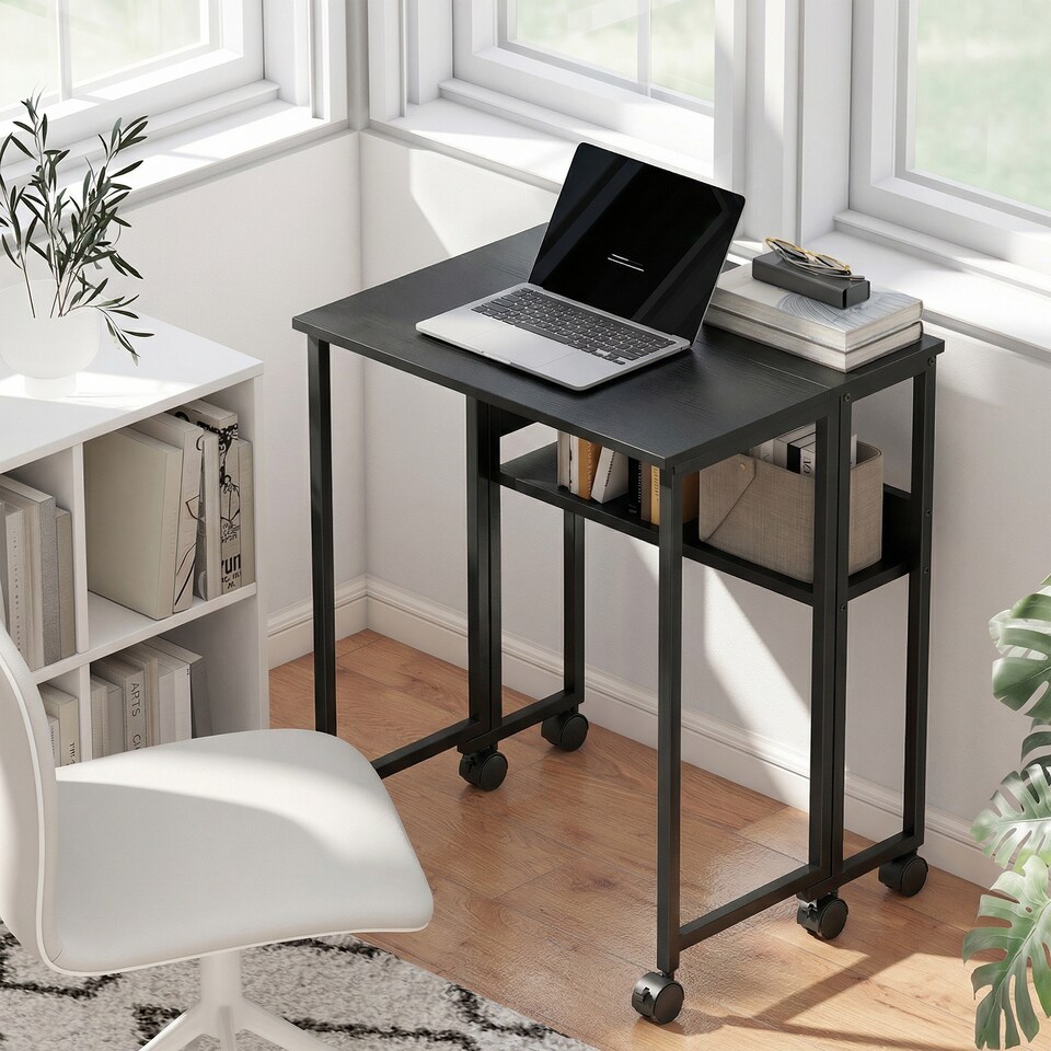 image 1 of HOMCOM 63 cm Foldable Computer Desk on Wheels for Small Spaces Black | Black | Black wood grain | 63W x 50D x 75H cm