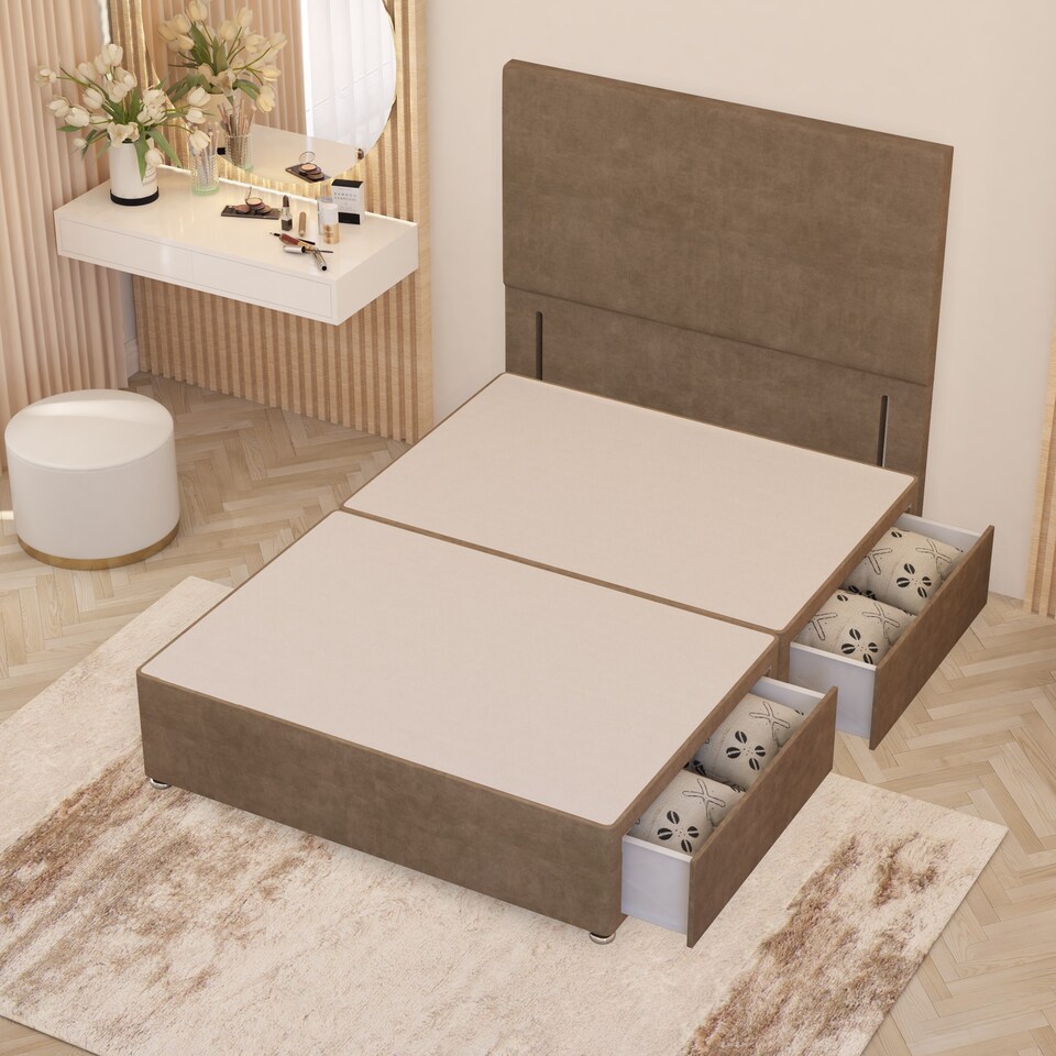 image 1 of Divan Bed Base with 2 Drawers & Plain Floor Standing Headboard Plush Velvet | Brown | Beige
