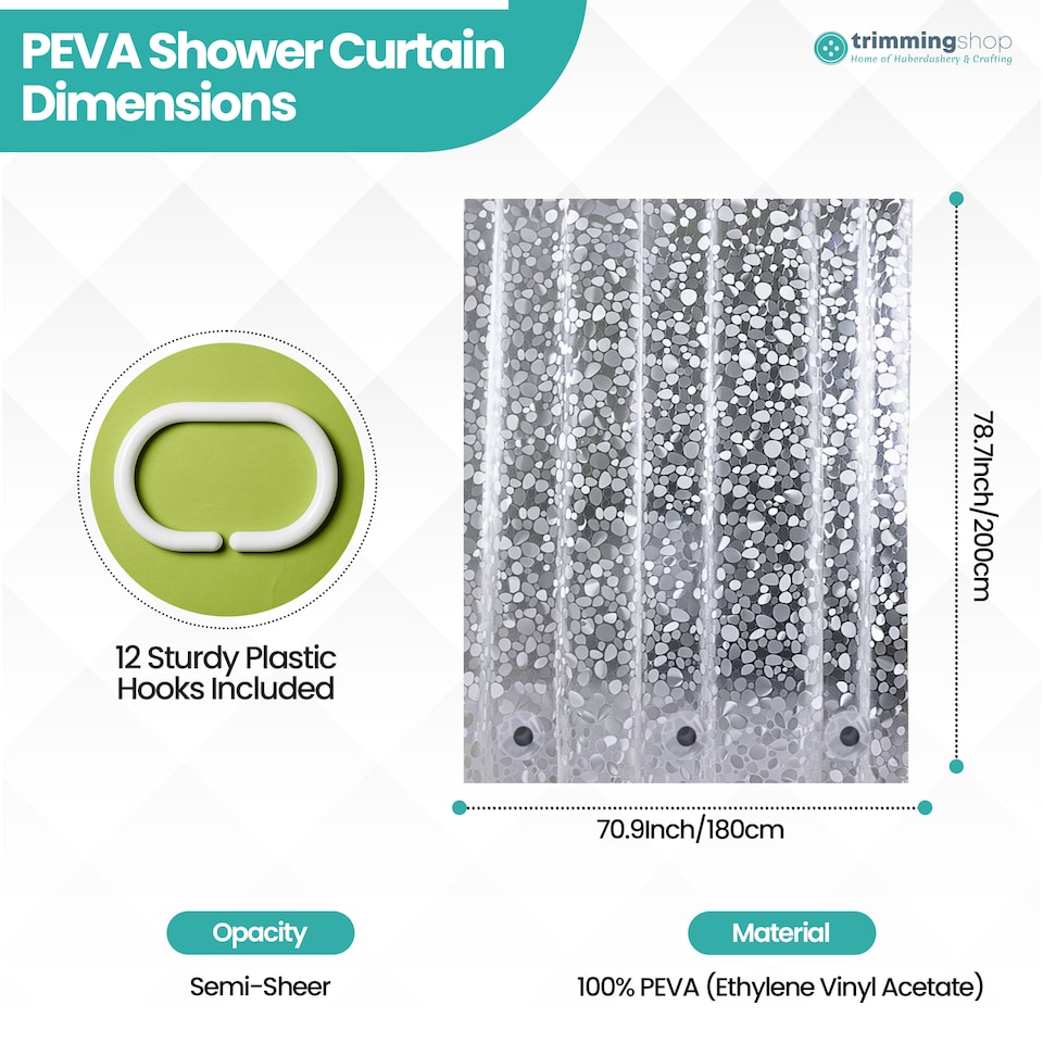 image 1 of PEVA Transparent Waterproof Shower Curtain with 12 Hooks - 180x200cm
