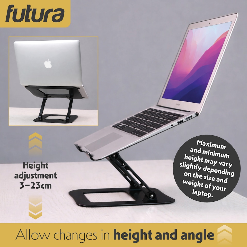 image 1 of Futura Laptop Stand Adjustable Portable Riser, Black Foldable Aluminium Holder for MacBook AirPro and 11 to 17 inch Laptops | Black | Black | One Size | 1