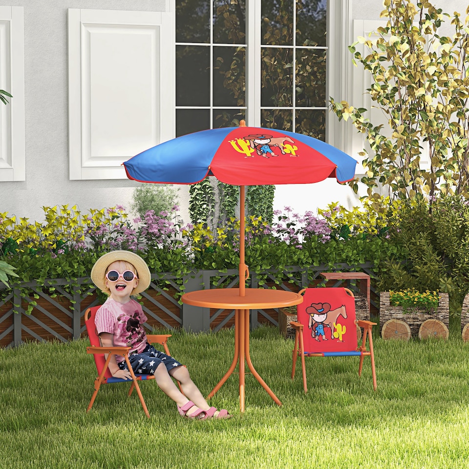 image 1 of Outsunny Kids Bistro Table and Chair Set w/ Cowboy Theme, Adjustable Parasol
