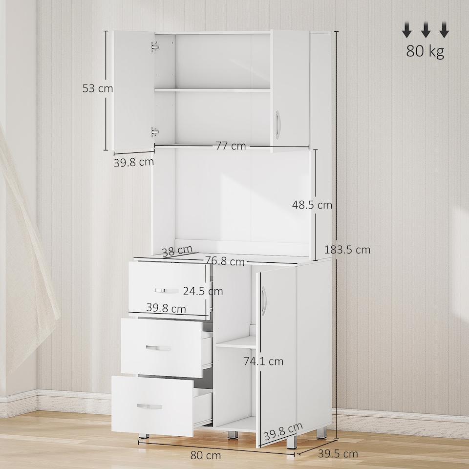 image 1 of HOMCOM 183.5cm Free standing Kitchen Cupboard, Storage Cabinet with Doors and Sheleves, 3 drawers and Open Space, Adjustable Height Storage Unit, White