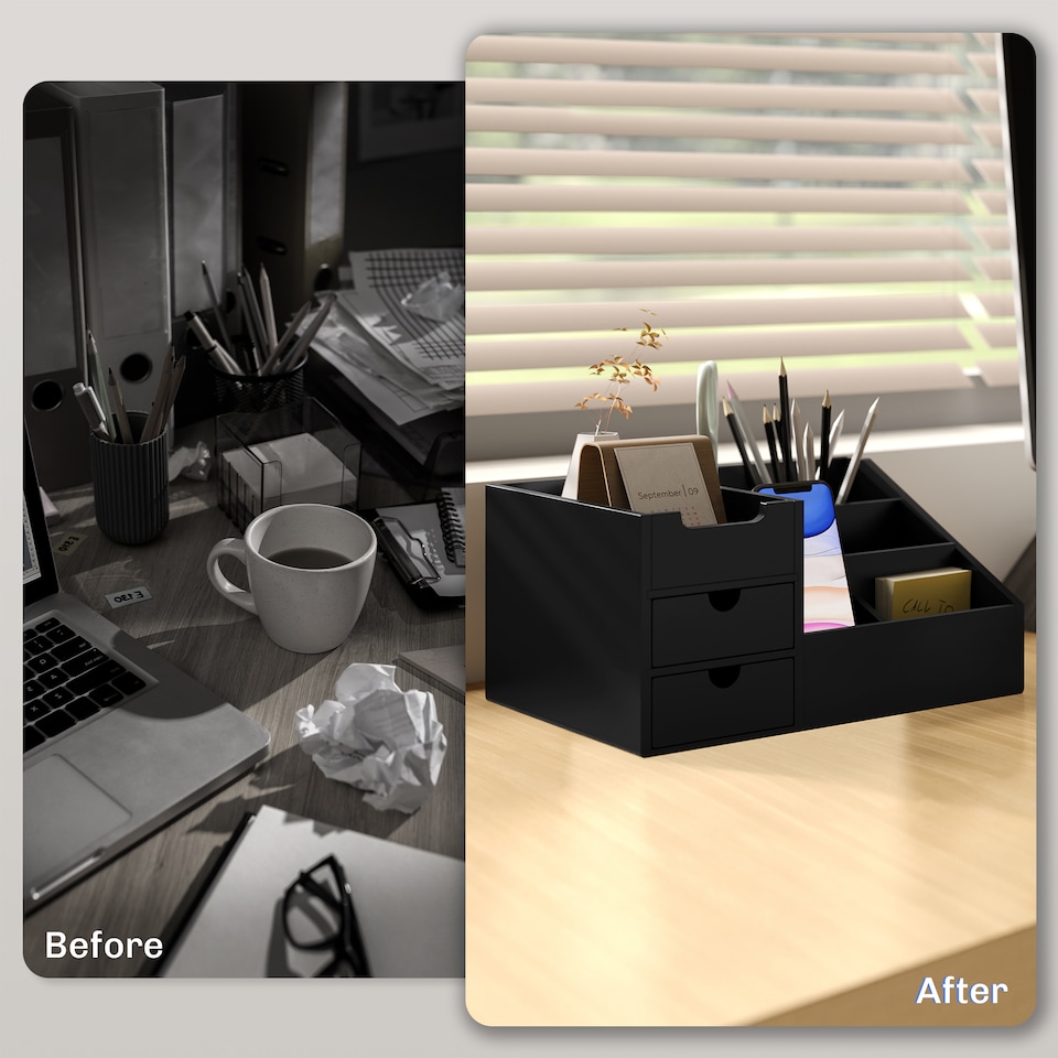 image 1 of HOMCOM Desk Organiser Holder, Bamboo Multi-Function Storage Caddy with 7 Storage Compartments and 2 Drawers for Home Office Stationary Supplies, Black | Black