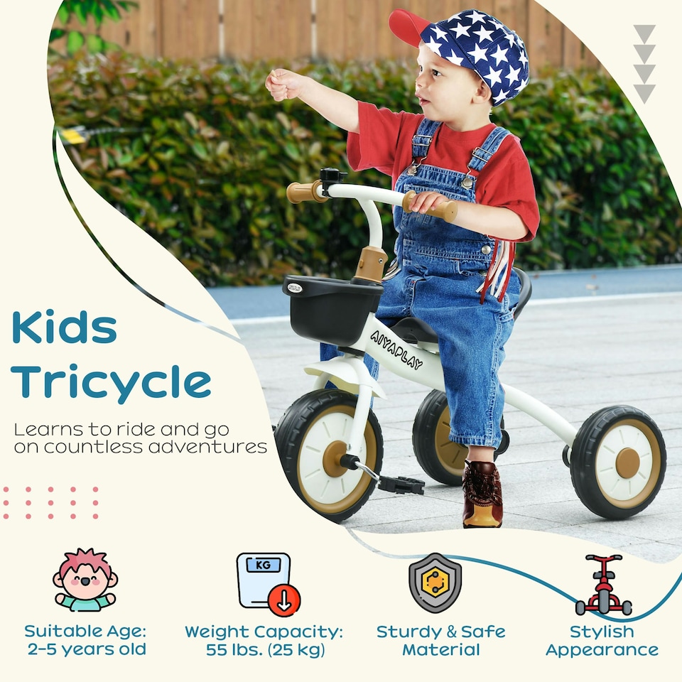 image 1 of AIYAPLAY Trike W/ Adjustable Seat Basket, Kids Tricycle for 2-5 Years Old, White
