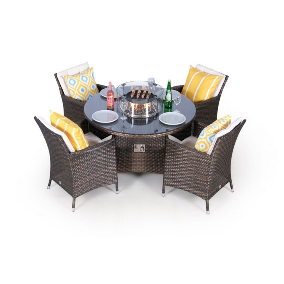 image 1 of Savannah Fire Pit 4 Seater Round Rattan Dining Set | Brown | Brown