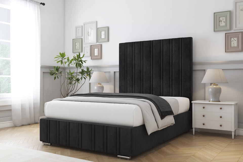 image 1 of Sloomy Langston Black Naples Deep-Sided Bed Frame With 50" Upholstered Headboard 4'6 Double
