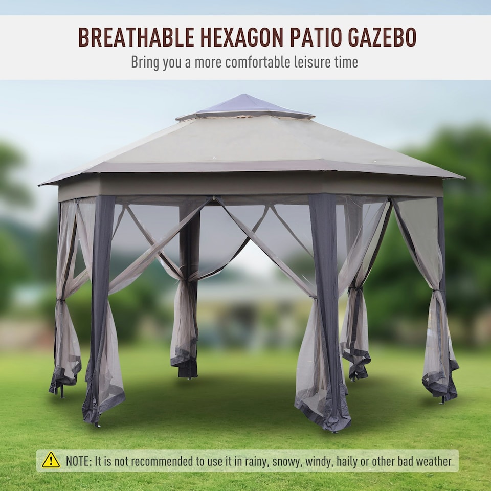 image 1 of Outsunny 3x4m Hexagon Gazebo w/ Mesh Curtains Outdoor Garden, Khaki