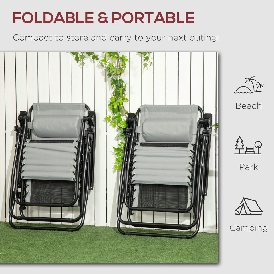 image 1 of Outsunny Foldable Garden Recliner Chair Set of 2 w/ Footstool & Headrest, Grey