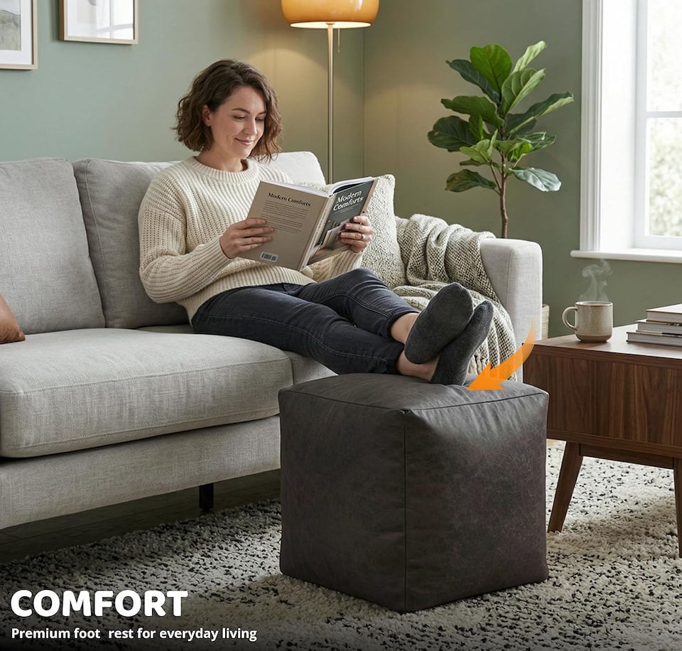 image 1 of Cube Shape PU Leather Footstool Bean Bag (Charcoal,40x40x40cm)