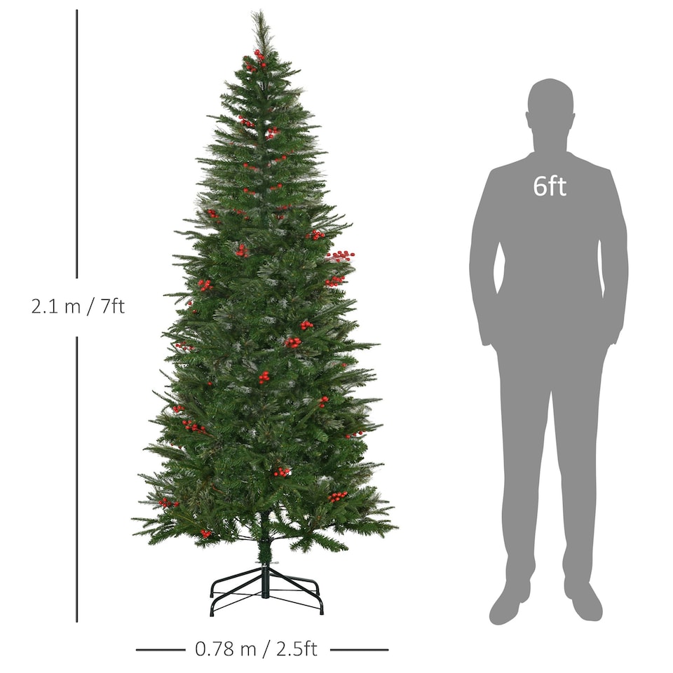 image 1 of HOMCOM 7ft Artificial Christmas Tree Holiday with Pencil Shape, Berries