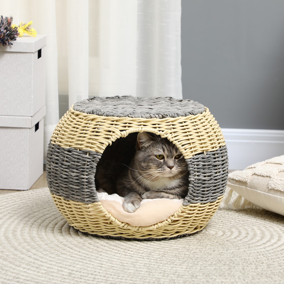 image 1 of PawHut Wicker Cat House, Rattan Raised Cat Bed with Soft Cushion, 40 x 30cm