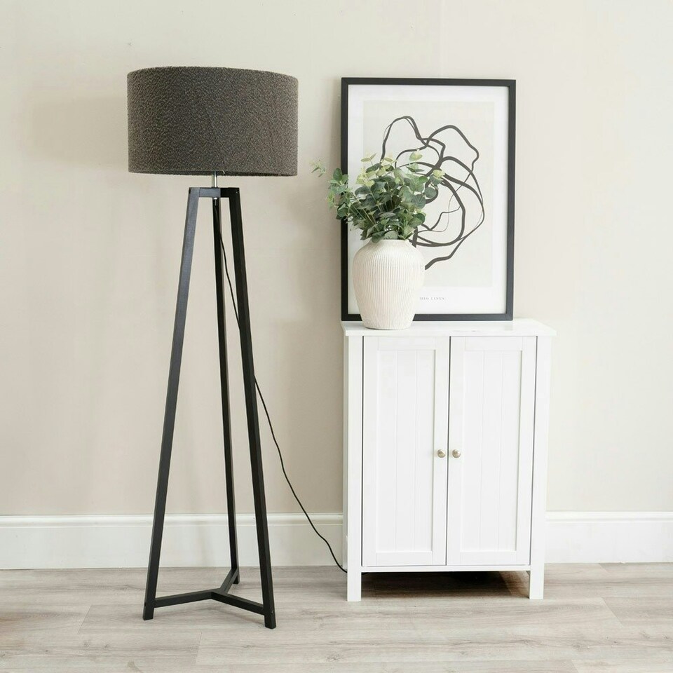 image 1 of ValueLights Lottie Black Wood Tripod Floor Lamp with Charcoal Boucle Drum Shade
