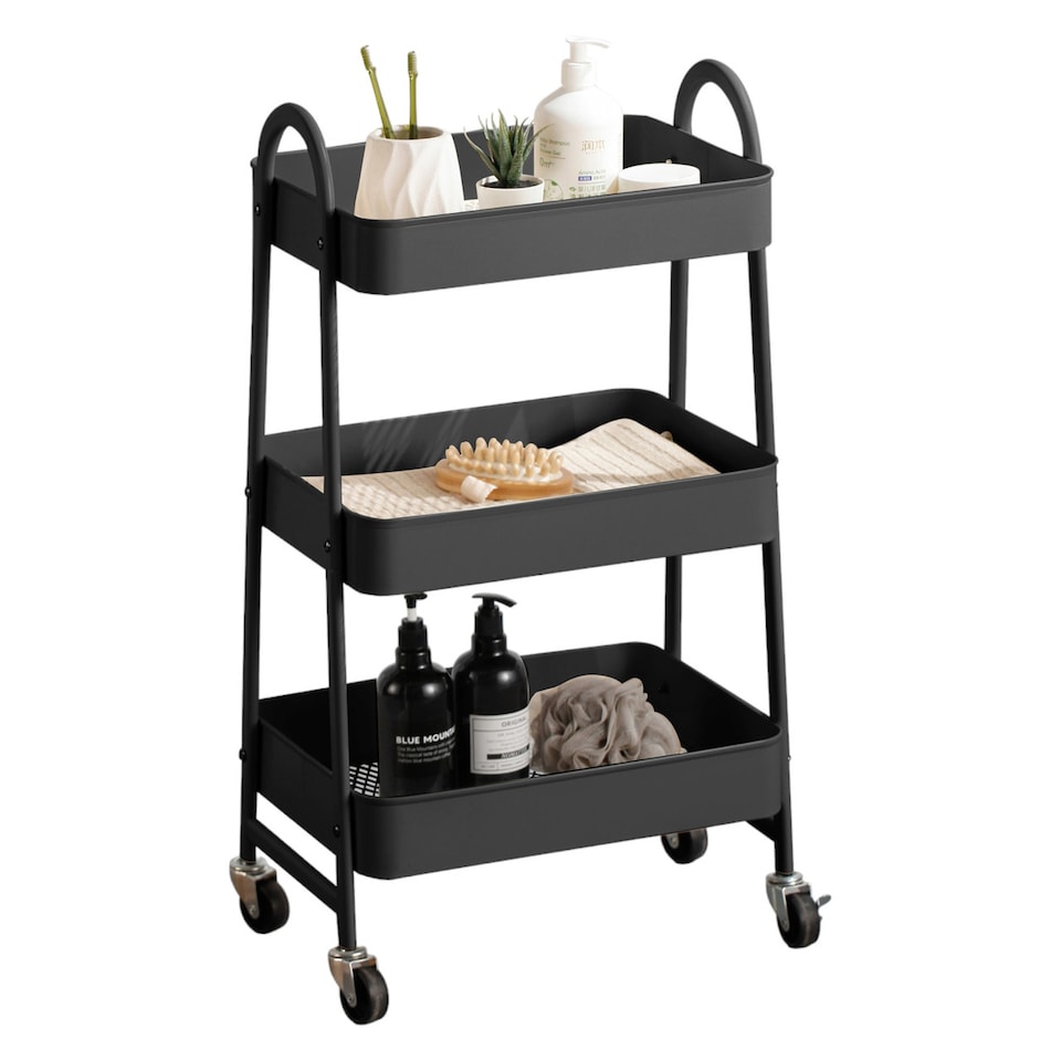 image 1 of 3 Tier Shelf Metal Slim Storage Trolley Cart with Castor Wheels Bathroom Organiser | Black | Black | 3 Tier | 1