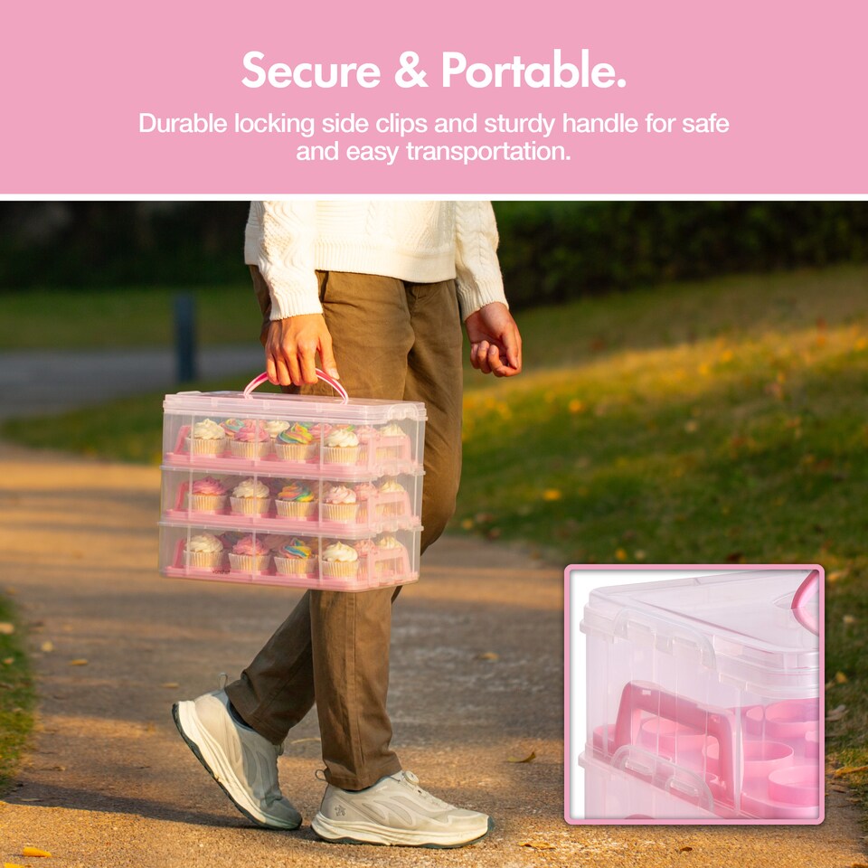 image 1 of VonShef Pink Cupcake Carrier with Handle 3 Tier Up to 36 Cakes