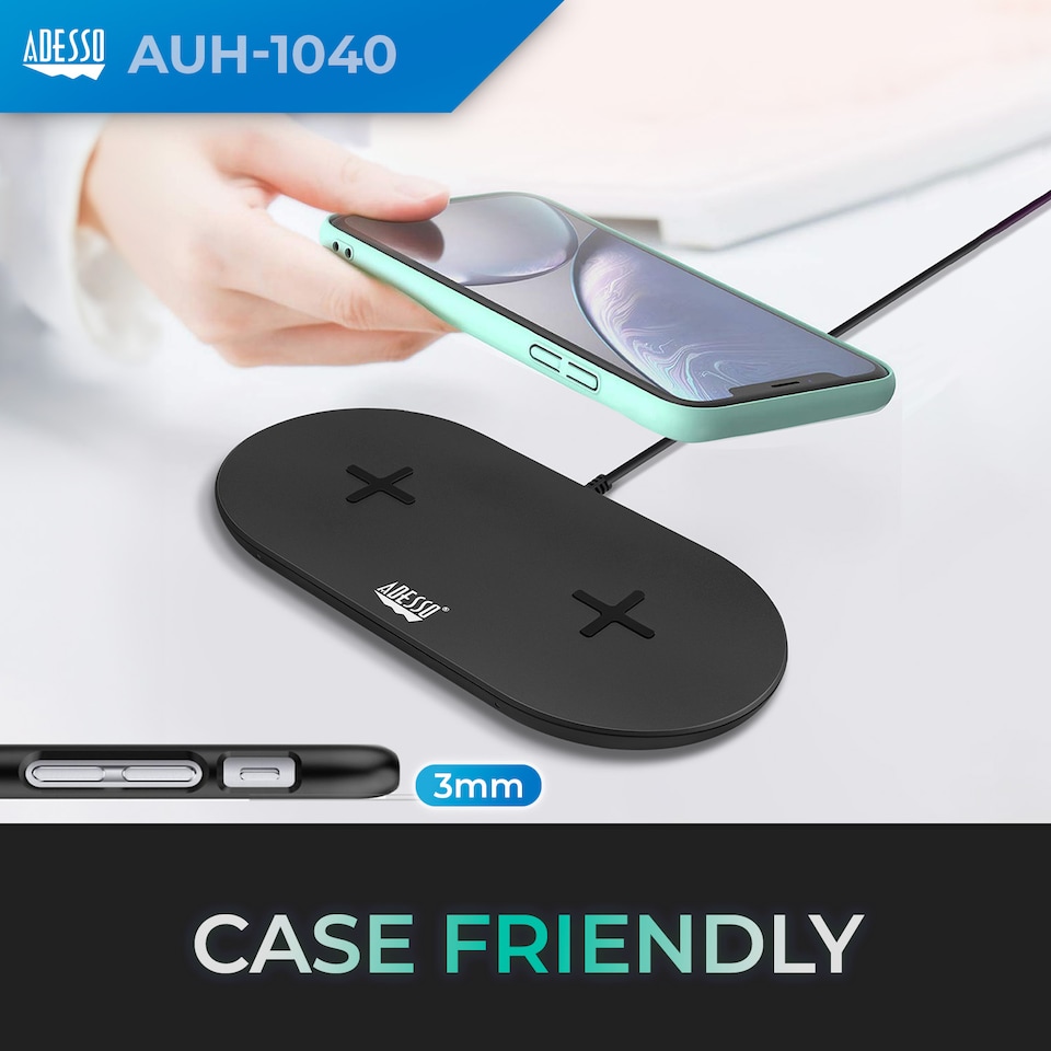 image 1 of Adesso 15W Max Qi-Certified Dual 2-Coil Wireless Fast Charging Pad