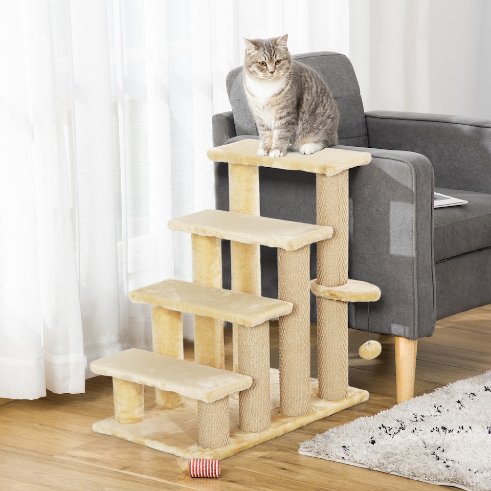 image 1 of pawHut Pet Stairs with 4-step Stair, Scratching Posts, Platforms, Toy Ball