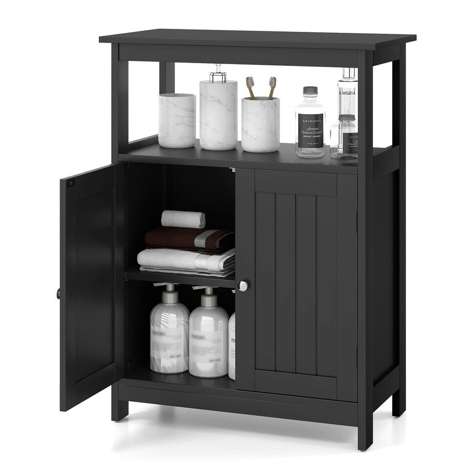 image 1 of COSTWAY Storage Organizer Bathroom Floor Cabinet Black Black
