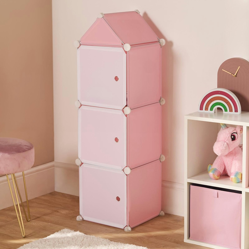 image 1 of OHS Kids Cube Castle Storage Tower Modern Space Saving Clothes Shoes Toys 3 Boxes Organiser Unit Pink