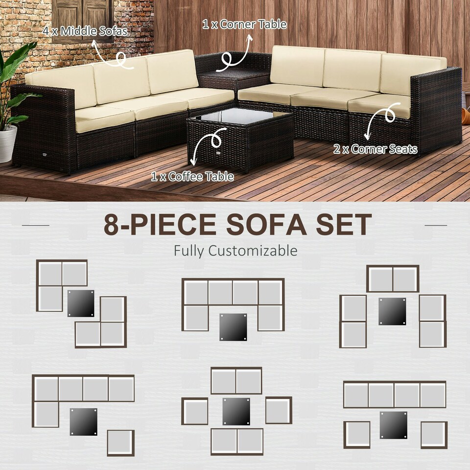 image 1 of Outsunny 8Pcs Patio Rattan Sofa Set Garden Furniture Side Table w/ Cushion