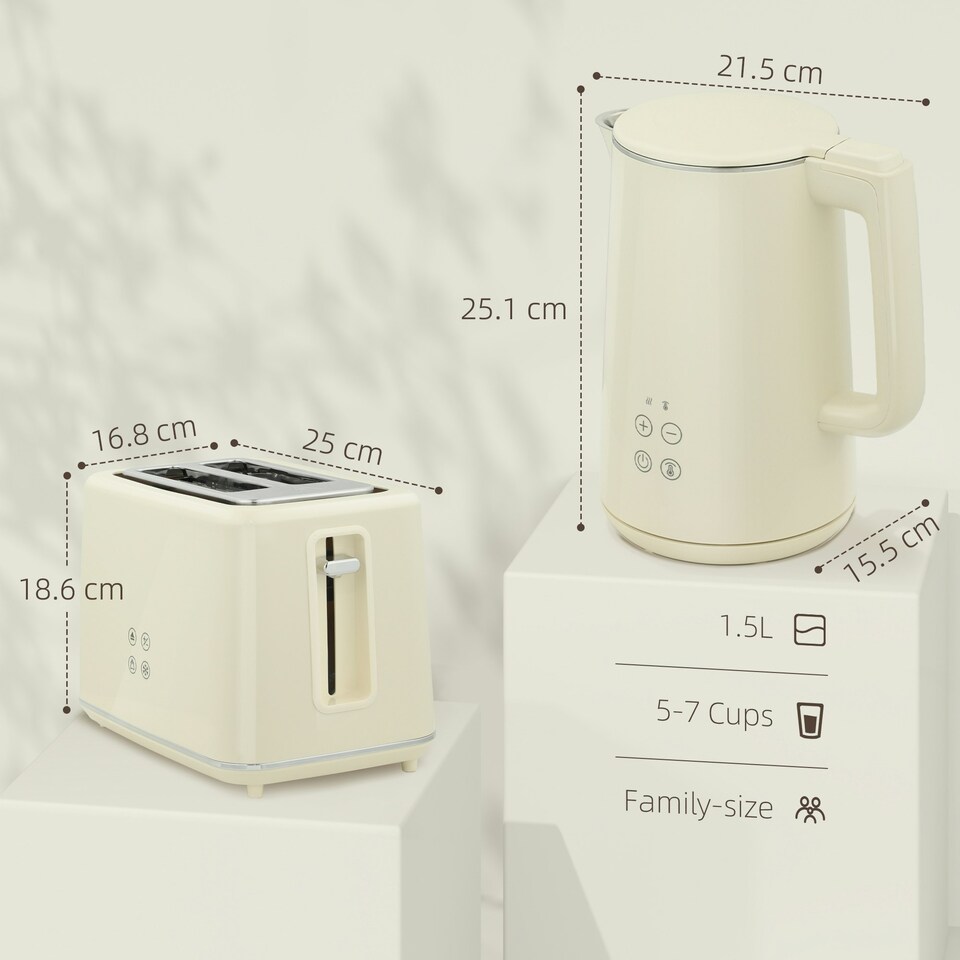 image 1 of HOMCOM 1.5L 3000W Fast Boil Electric Kettle and 2 Slice Toaster Set, Beige