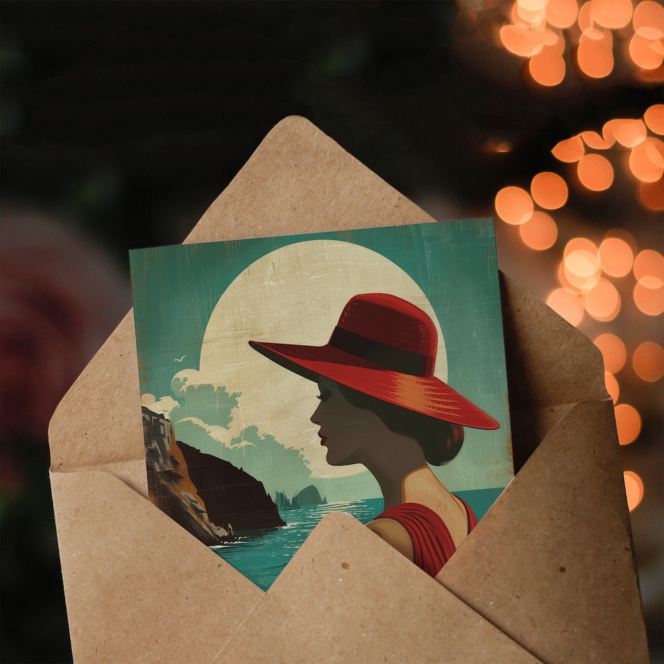 image 1 of Greeting Card Elegant Woman Italian Coast Travel Vintage Style Holiday