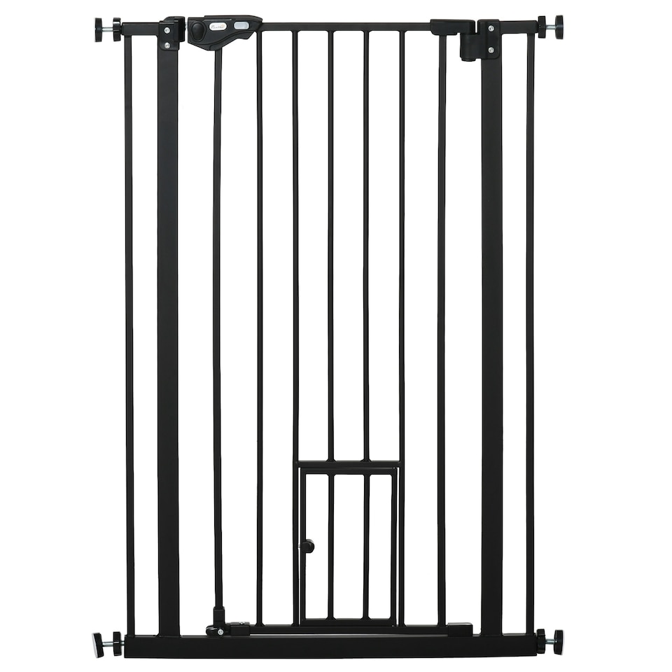 image 1 of PawHut Extra Tall Dog Gate with Cat Door Auto Close for Stairs 74-80 cm Wide