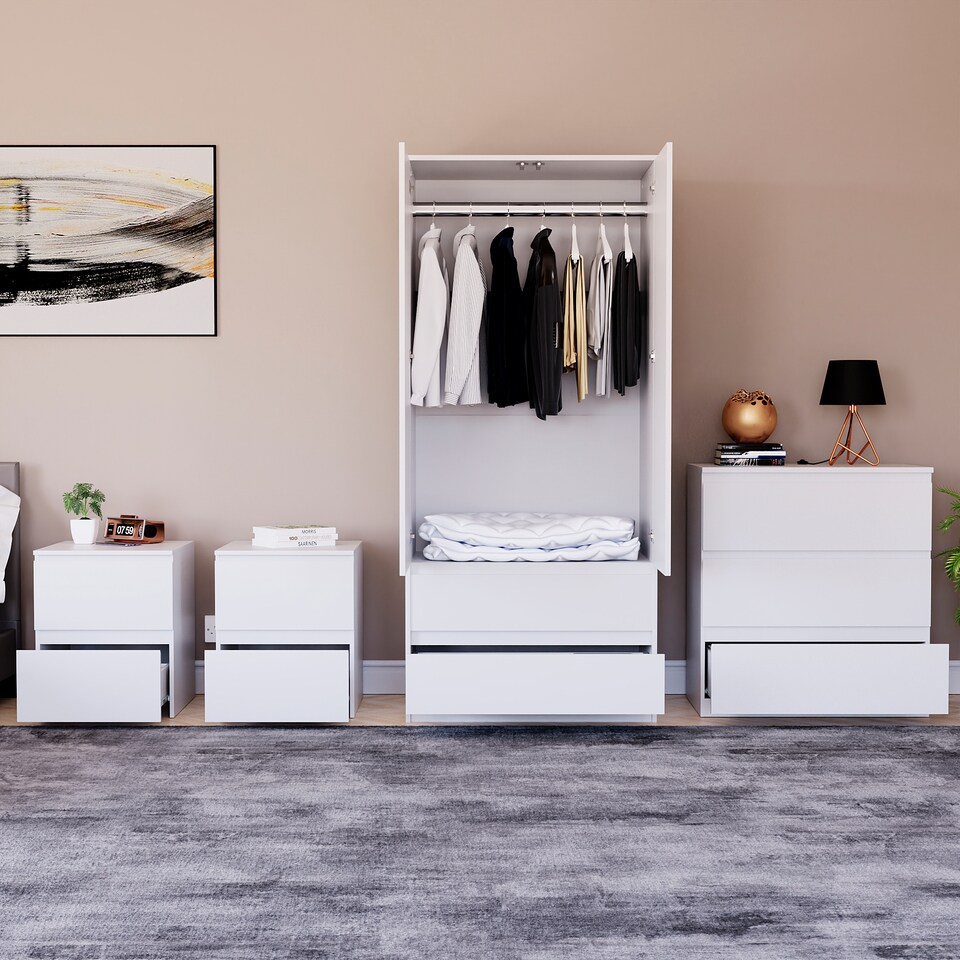 image 1 of Vida Designs Denver 4 Piece Bedroom Set (2 Drawer Large Bedside Chest x2, 3 Drawer Chest, 2 Door 2 Drawer Wardrobe), White | White | White | 4