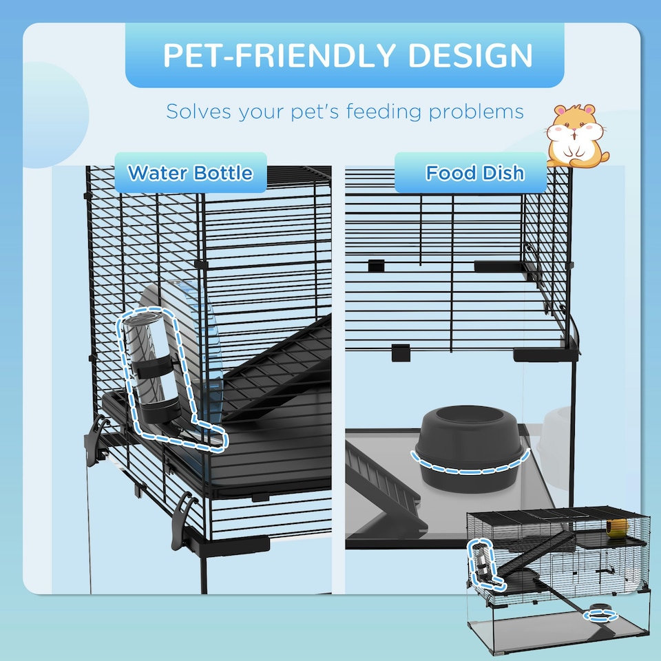 image 1 of PawHut 3 Tiers Hamster Cage w/ Deep Glass Bottom, Dish, Hut 78.5x48.5x54.5cm