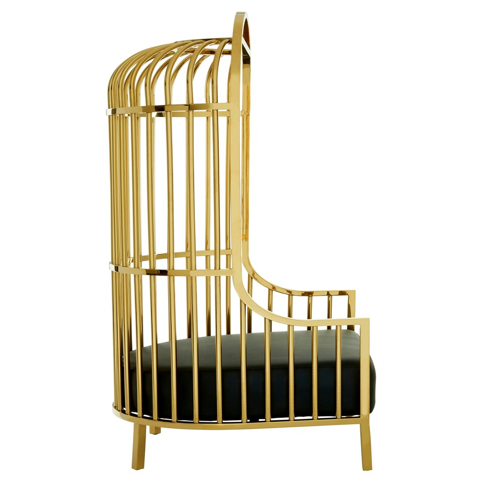 image 1 of Interiors by Premier Gold Finish Dome Cage Chair, Art Deco Style Stainless Steel Statement Chair, Black Faux Leather Padded Seat Gold