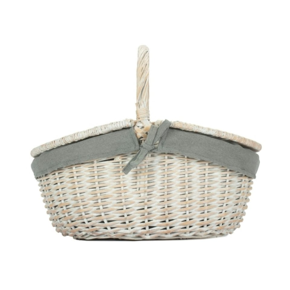 image 1 of White Wash Finish Oval Wicker Basket with Lining Blue | Blue | One Size
