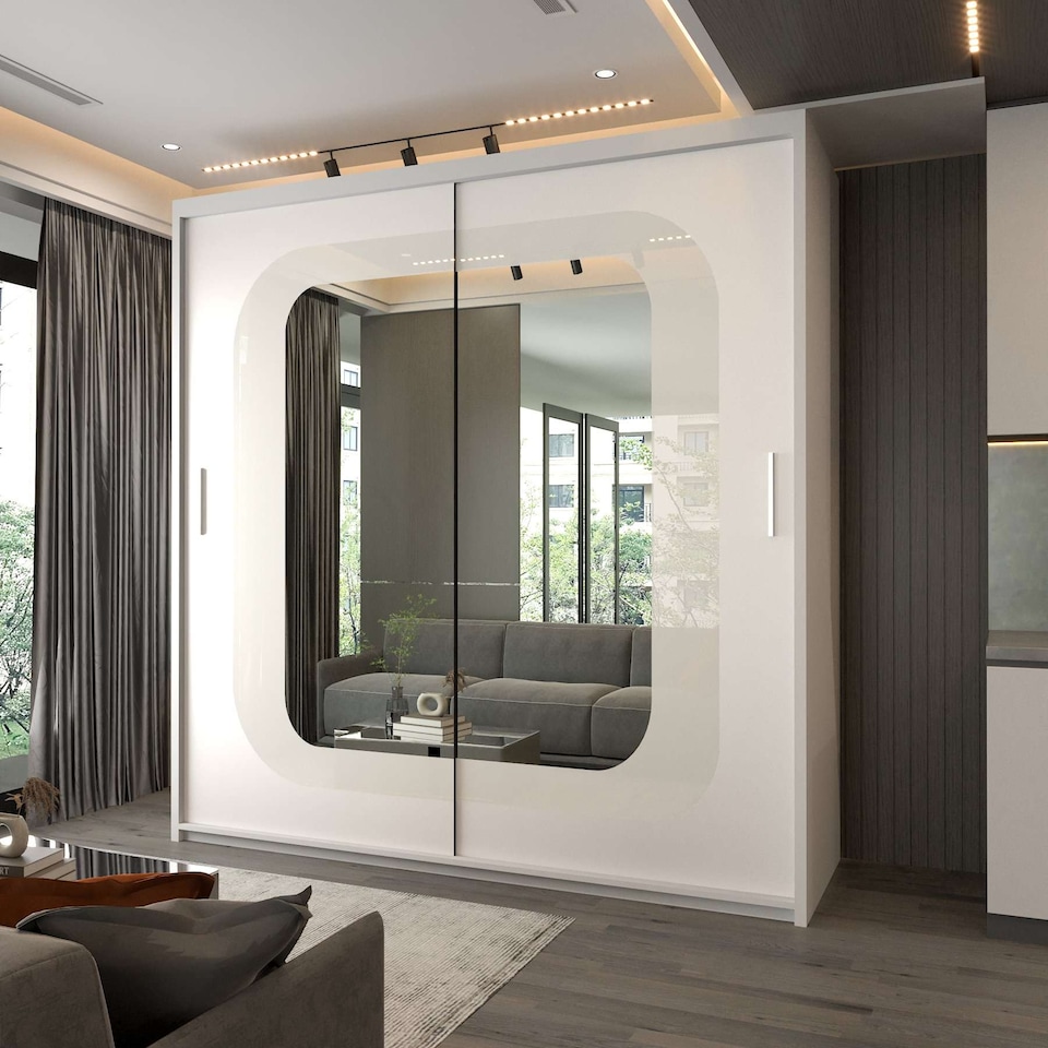 image 1 of Modern Sliding Mirror Wardrobe with Strip Design & Adjustable Storage - 150/203cm Options