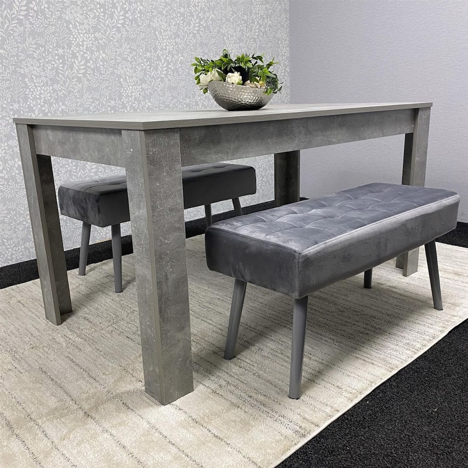 image 1 of Stone Grey Effect Wood Dining Table Set with 2 Grey Velvet Benches Stylish Dining Room Furniture