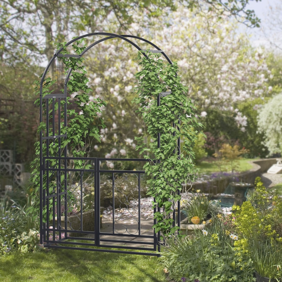 image 1 of Outsunny Metal Garden Arch with Double Gate, Garden Arbor Climbing Plants