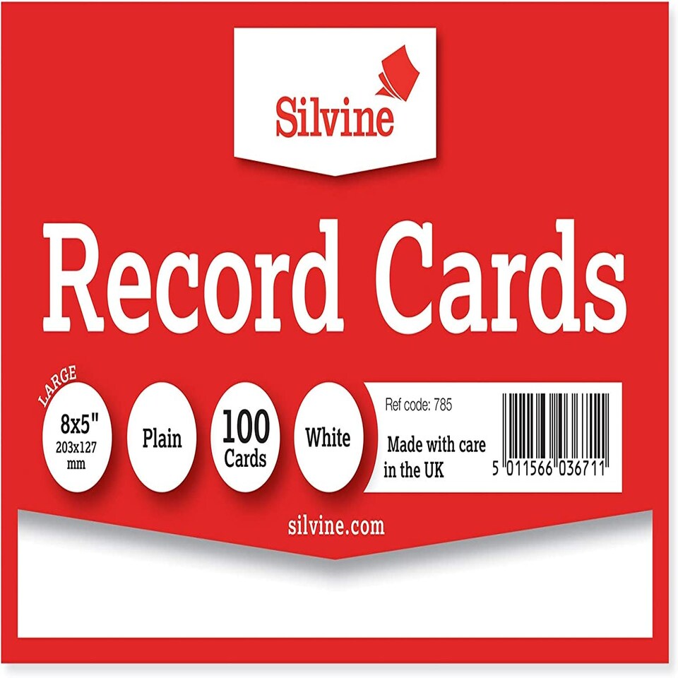 image 1 of Pack of 100 Plain White Record Cards 8x5" (203 x 127mm)