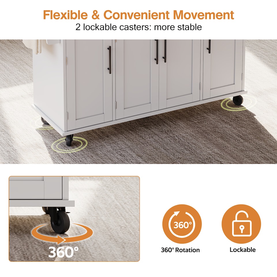 image 1 of VILUXE Mobile Kitchen Island with Foldable Worktop, Hidden Cutlery Drawer, Large Drawer, Adjustable Shelves, Door Racks, Towel Rack, Spice Rack and 5 Wheels, White and Natural Wood