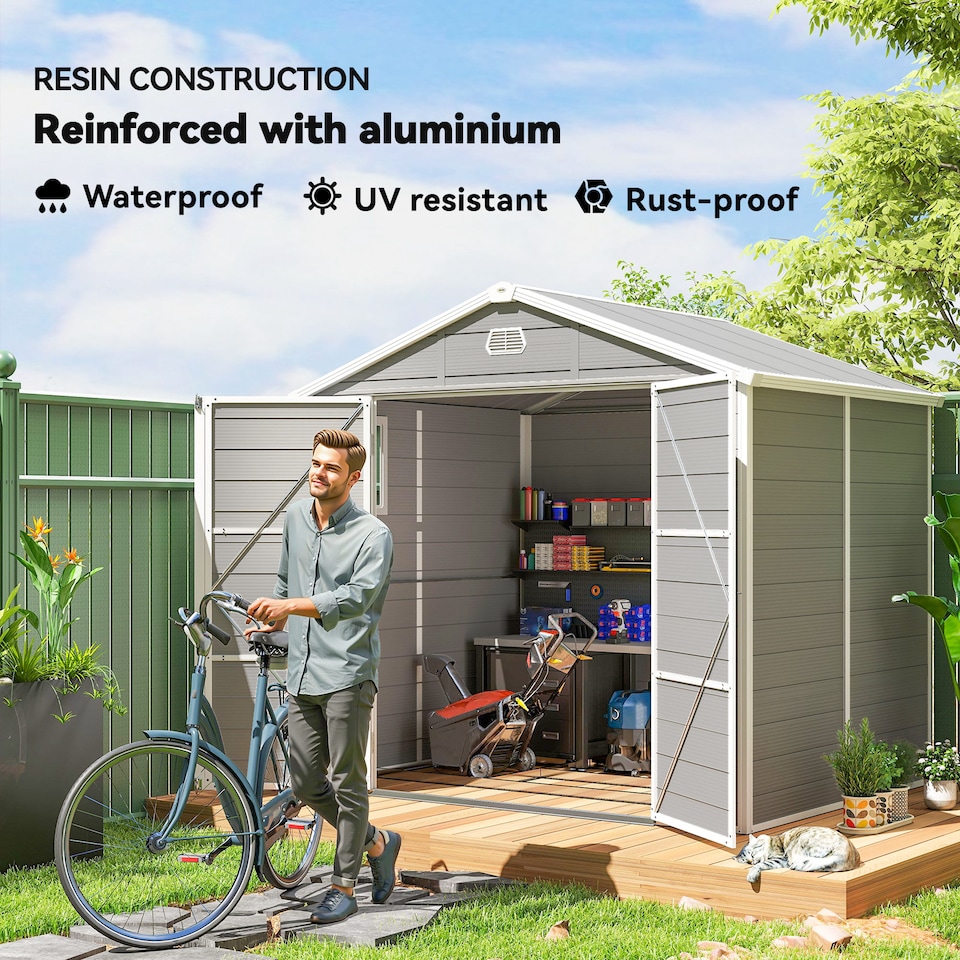 image 1 of Outsunny 8 x 6ft Plastic Garden Storage Shed with Foundation Kit, Polypropylene Outdoor Storage Tool House with Ventilation Slots and Lockable Door, Light Grey | Grey | 1