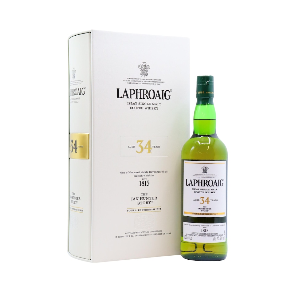 image 1 of Laphroaig - The Ian Hunter Story - Book 5 - Enduring Spirit 34 year old Whisky | Multi | Deep Copper | Lightly peaty with iodine and burnt wood notes. Floral green malt, sweet candyfloss and vanilla fudge, nimble fruit accents of blueberry and raspberry. Sweet and spicy, with the characteristic Laphroaig peaty reek and hints of cold barbecue ash kiln wall. Salted caramel and butterscotch, roast chestnuts, a hint of peach, dried flowers and white pepper. Peaty and malty, with praline notes and lingering sweetness. | 1